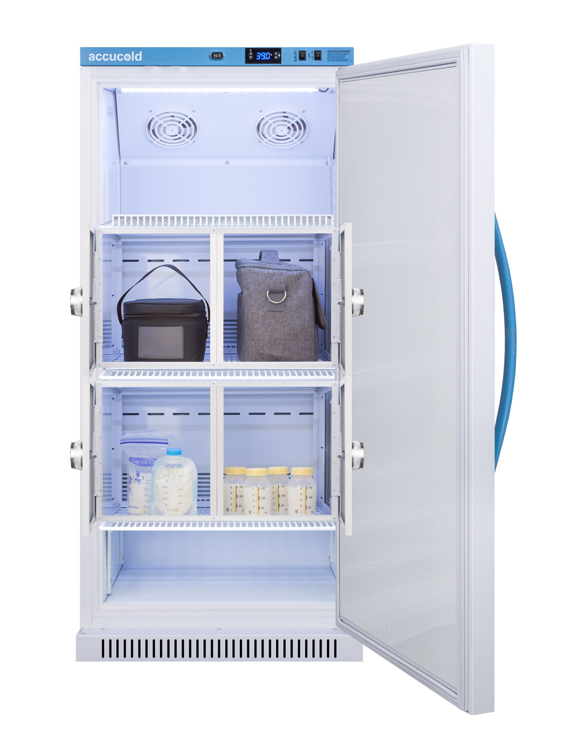 Purpose-built all-refrigerator for breast milk storage with 4 interior locking compartments, antimicrobial silver-ion handle, and a hospital grade cord with 'green dot' plug